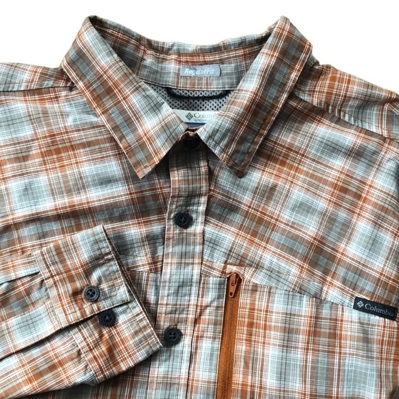 Columbia Regular Fit Long Sleeve Button Down Shirt Sz. L plaid Pumpkin/Gray - Picture 2 of 8